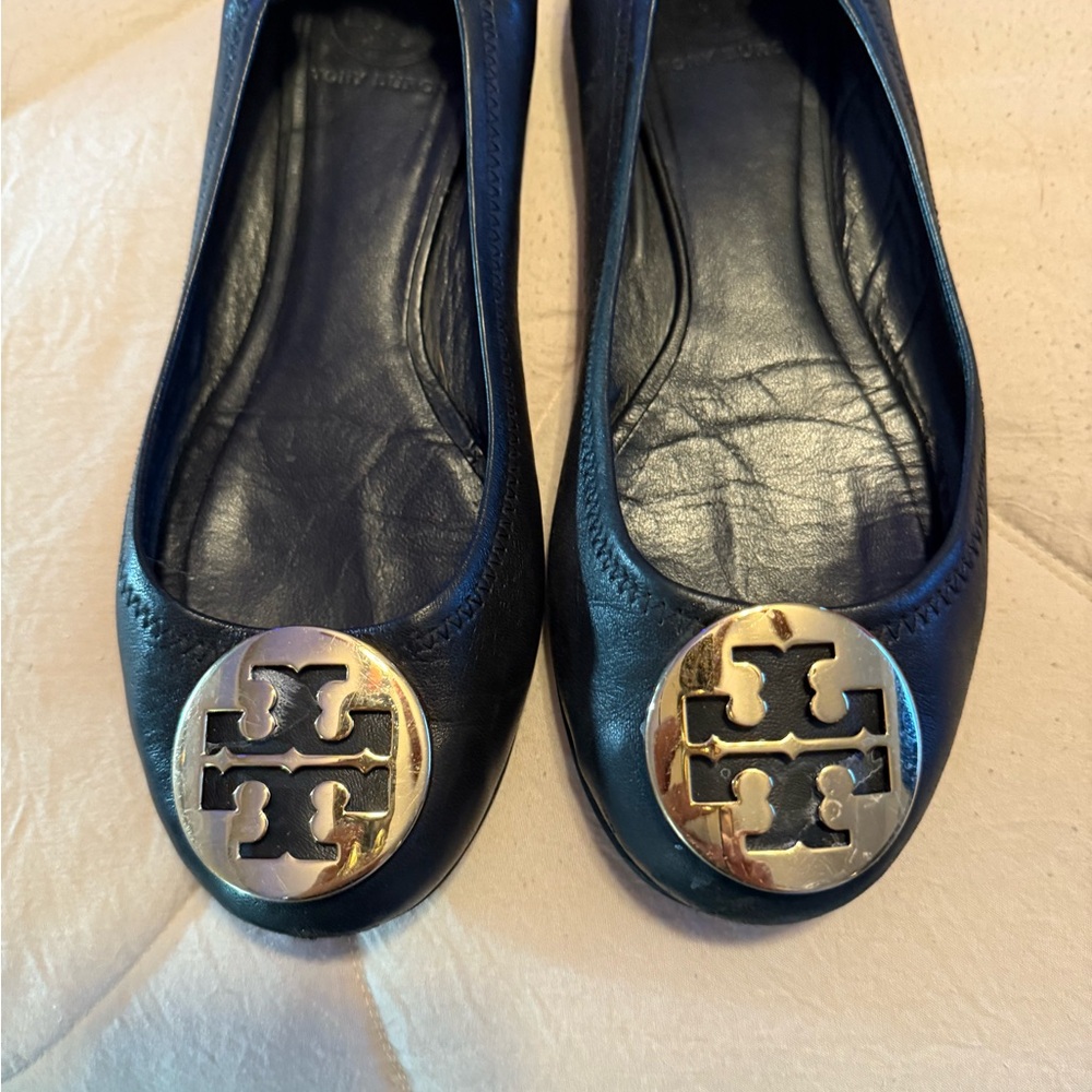 Tory Burch Black Flats with Gold Logo